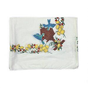 Vintage White Tablecloth Bird Floral Print Cottagecore Cabincore Farmhouse Homey